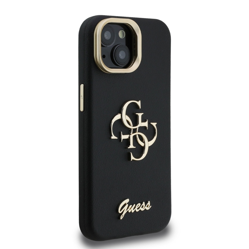 Guess PU Grained 4G Logo Stand Camera Frame Zadný Kryt pre iPhone 14 Black