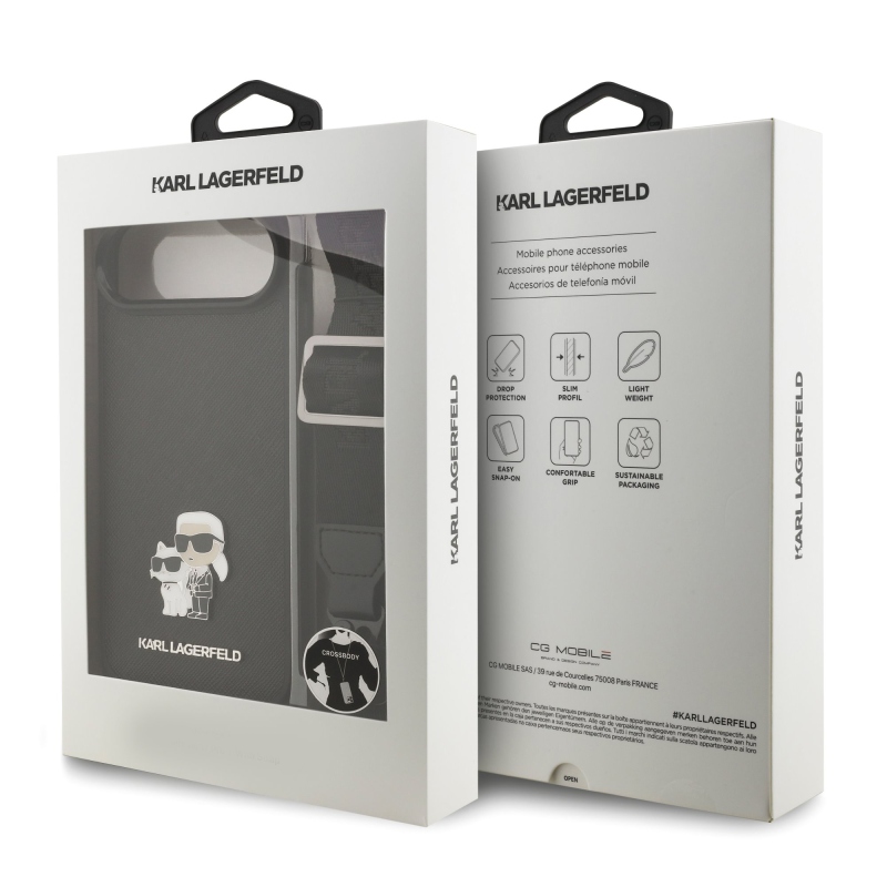 Karl Lagerfeld Saffiano Crossbody Strap Metal Karl and Choupette Zadný kryt pre iPhone Air Black