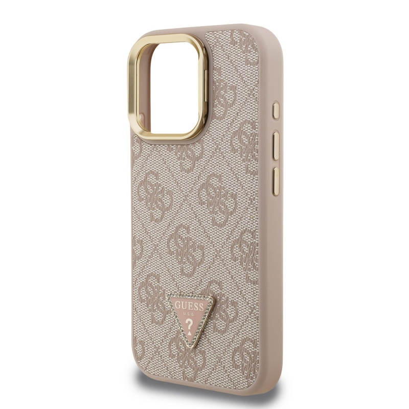 Guess PU 4G Strass Triangle Logo Stand Camera Frame MagSafe Zadný Kryt pre iPhone 16 Pro Pink