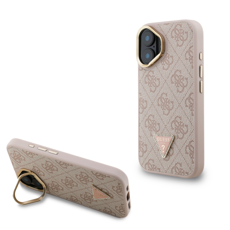Guess PU 4G Strass Triangle Logo Stand Camera Frame MagSafe Zadný Kryt pre iPhone 16 Pink