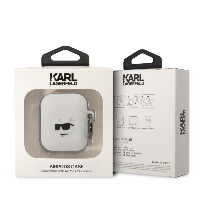 Karl Lagerfeld 3D Logo NFT Choupette Head Silikónové Puzdro pre Airpods 1/2 White