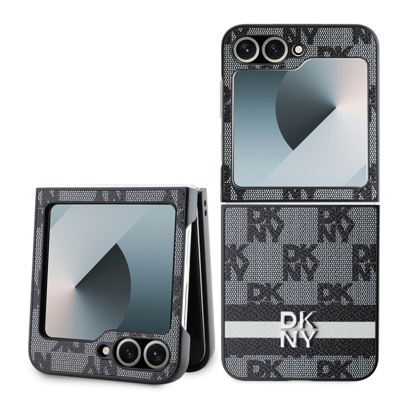 DKNY PU Leather Checkered Pattern and Stripe Zadný Kryt pre Samsung Galaxy Z Flip 6 Black