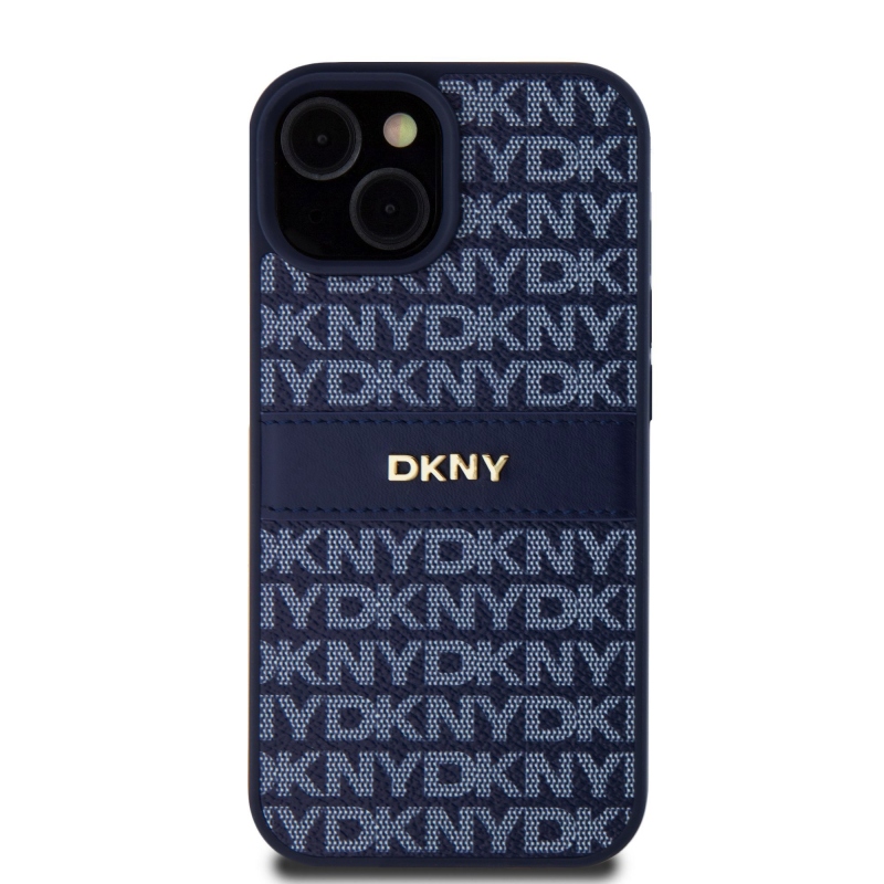 DKNY PU Leather Repeat Pattern Tonal Stripe Zadný Kryt pre iPhone 15 Blue