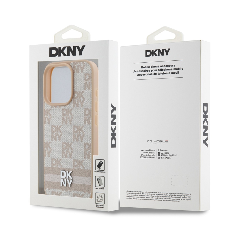 DKNY PU Leather Checkered Pattern and Stripe Zadný Kryt pre iPhone 16 Pro Pink