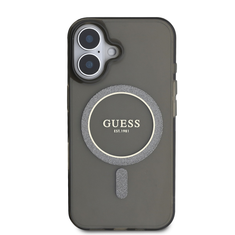 Guess IML Glitter Ring MagSafe Zadný Kryt pre iPhone 16 Black