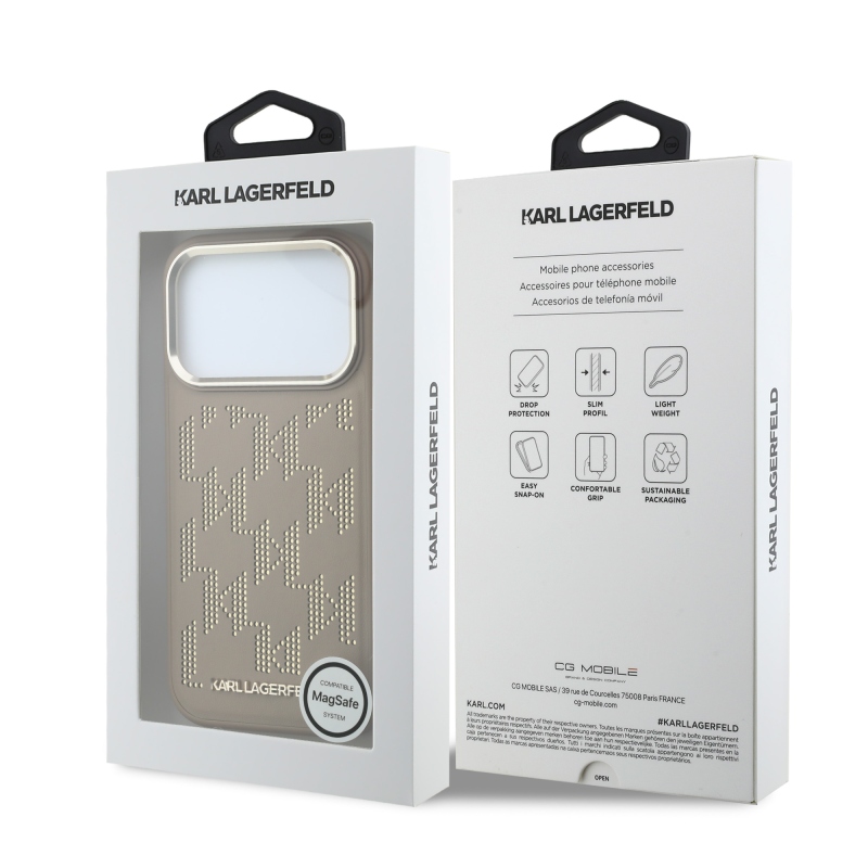 Karl Lagerfeld PU perforovaný Monogram MagSafe zadný kryt pre iPhone 17 Pro Max, béžový