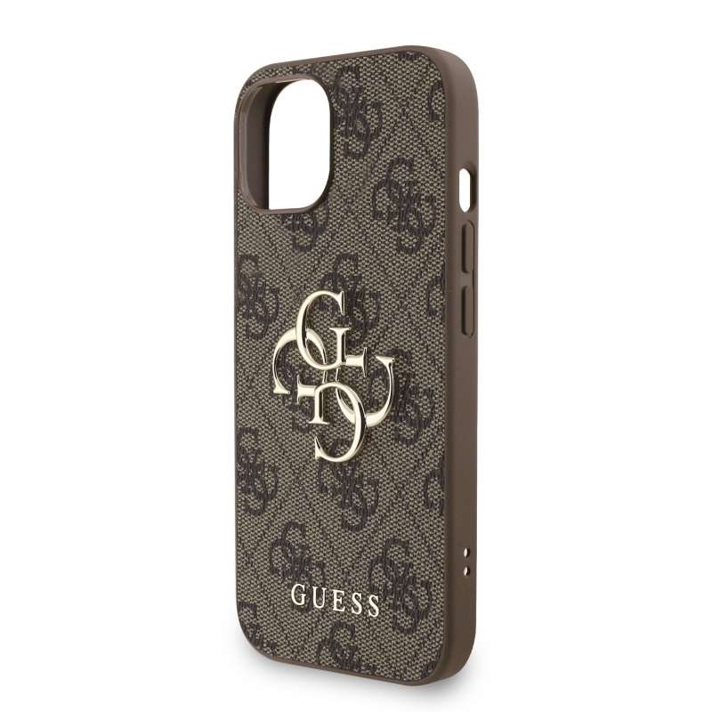 Guess PU 4G Metal Logo Strap Zadný Kryt pre iPhone 15 Brown
