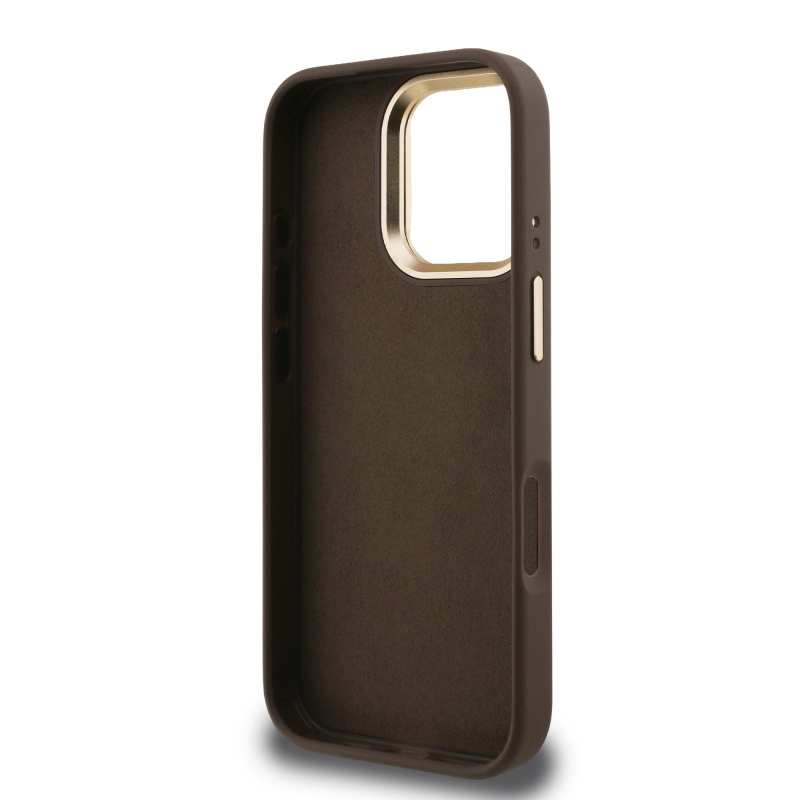 Guess PU 4G Metal Logo Stand Camera Frame Zadný Kryt pre iPhone 16 Pro Max Brown