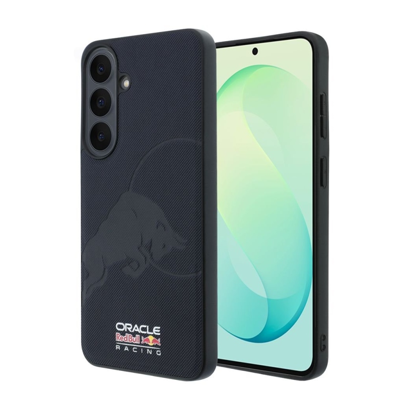 Red Bull PU kožený zadný kryt so sieťovinou, s reliéfnym logom býka a magnetickým uzáverom pre Samsung Galaxy S26 FE, tmavomodrý 
