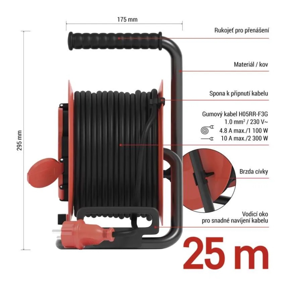 Vonkajší predlžovací kábel na bubne 25 m / 4 zásuvky / guma / 230 V / 1,0 mm2 / IP44