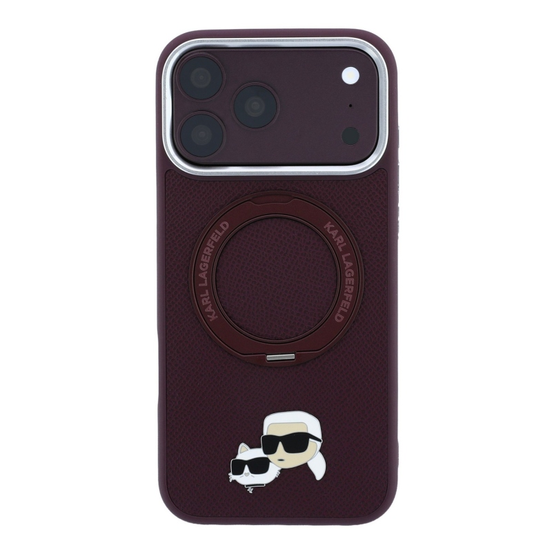Karl Lagerfeld PU Grained K&CH Heads Ring Stand Magsafe zadný kryt pre iPhone 18 Pro Max, farba Burgundy