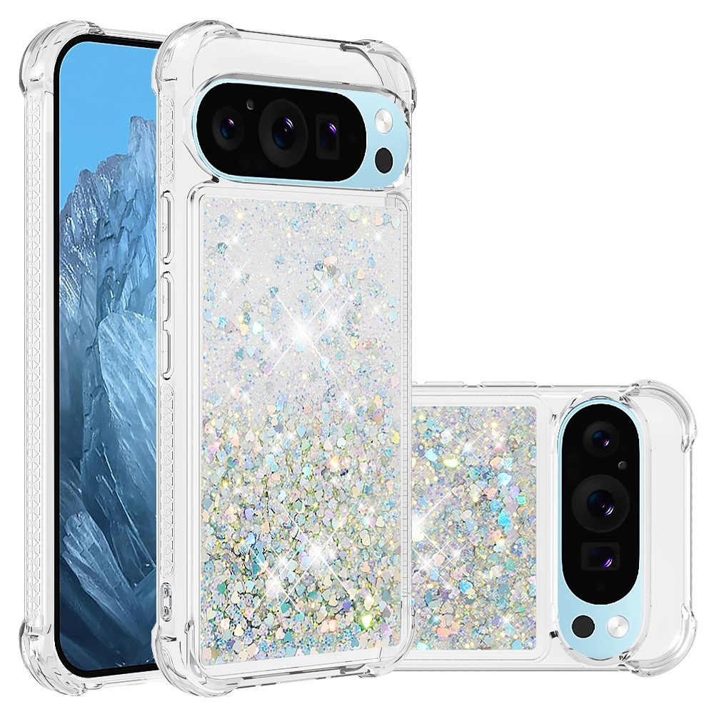 Glitter presýpací gélový obal na Google Pixel 10 Pro/Pixel 10 - strieborný/srdiečka