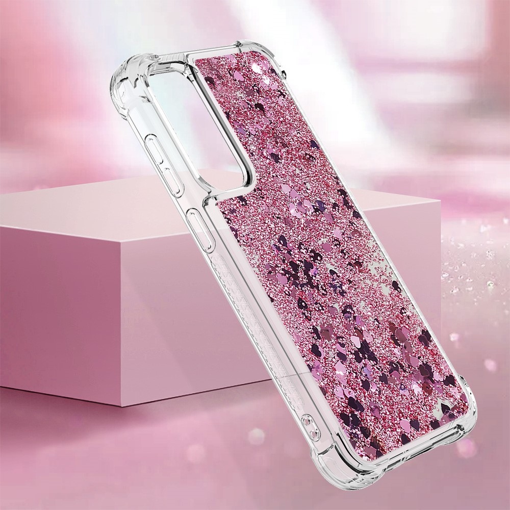 Glitter gélový presýpací obal na Samsung Galaxy S23 FE - ružovozlatý/srdiečka