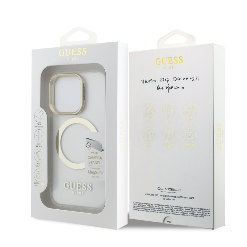Guess IML Gold Outline Stand Camera Frame MagSafe Zadný Kryt pre iPhone 15 Pro Transparent