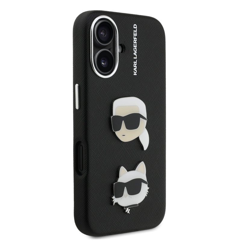 Karl Lagerfeld Grained PU K&CH Heads Zadný Kryt pre iPhone 16 Black