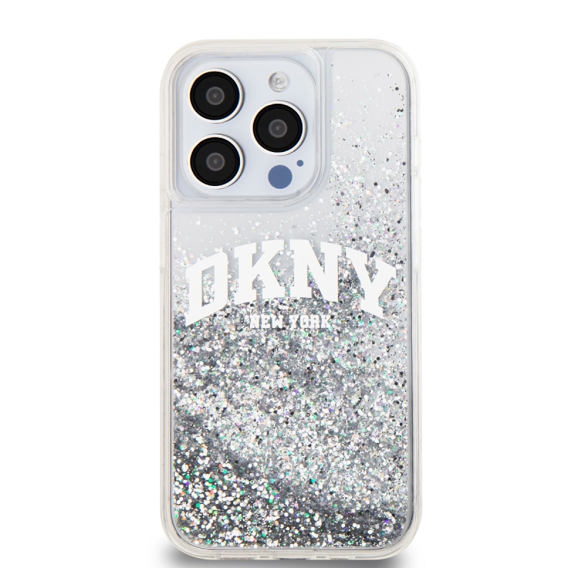 DKNY Liquid Glitter Arch Logo Zadný Kryt pre iPhone 14 Pro Transparent