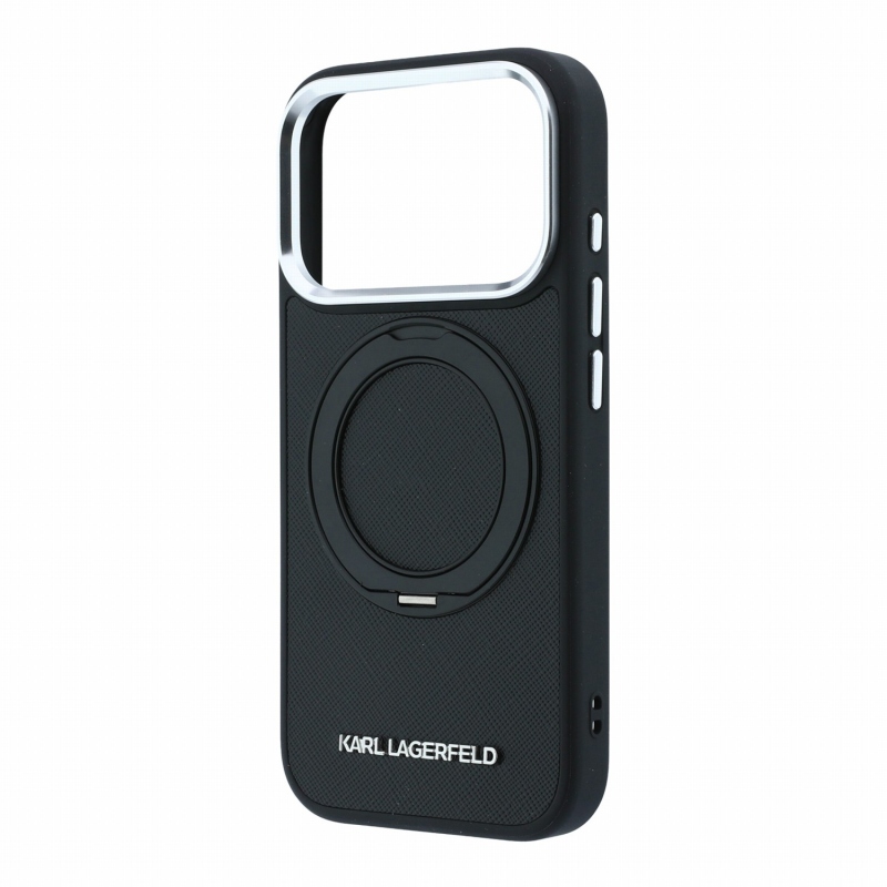 Karl Lagerfeld PU Saffiano Ring Stand MagSafe zadný kryt pre iPhone 18 Pro, čierny