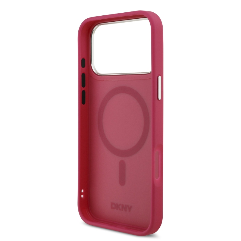 DKNY PU kožený kovový kryt s logom na zápästie MagSafe zadný kryt pre iPhone 17 Pro Max Pink