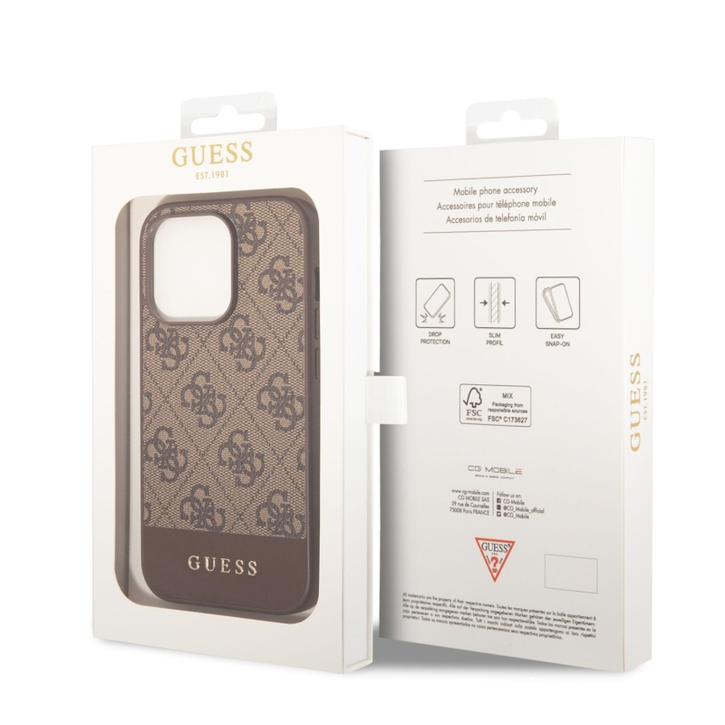 Guess PU 4G Stripe Zadný Kryt pre iPhone 14 Pro Brown