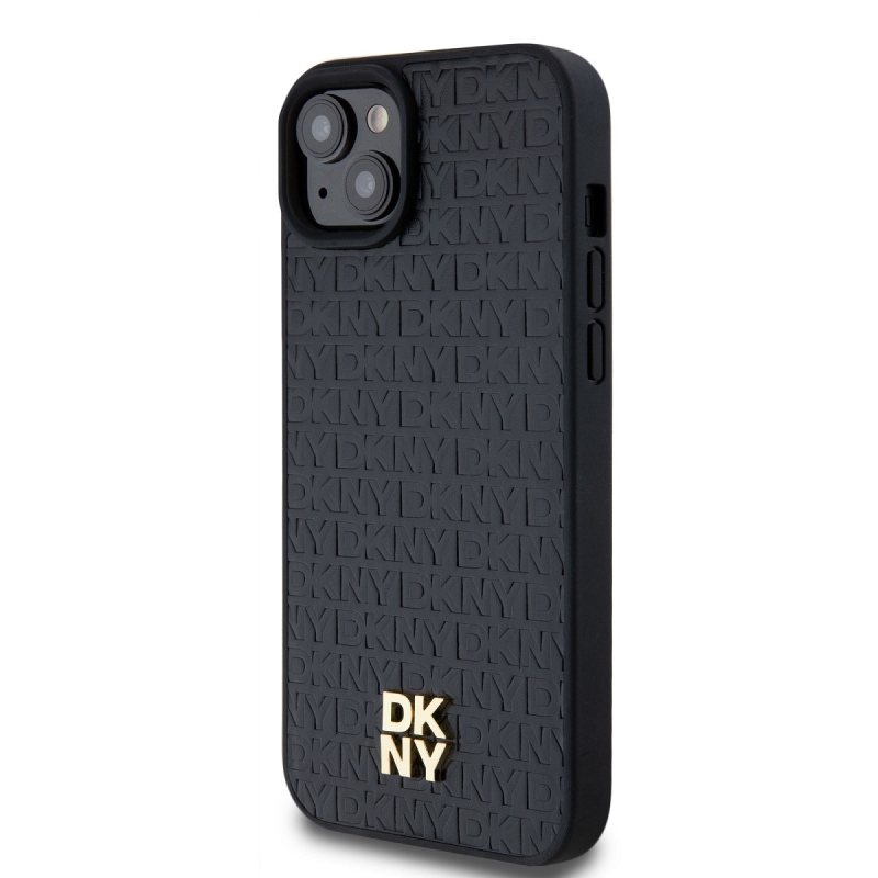 DKNY PU Leather Repeat Pattern Stack Logo Magsafe Zadný Kryt pre iPhone 13 Black