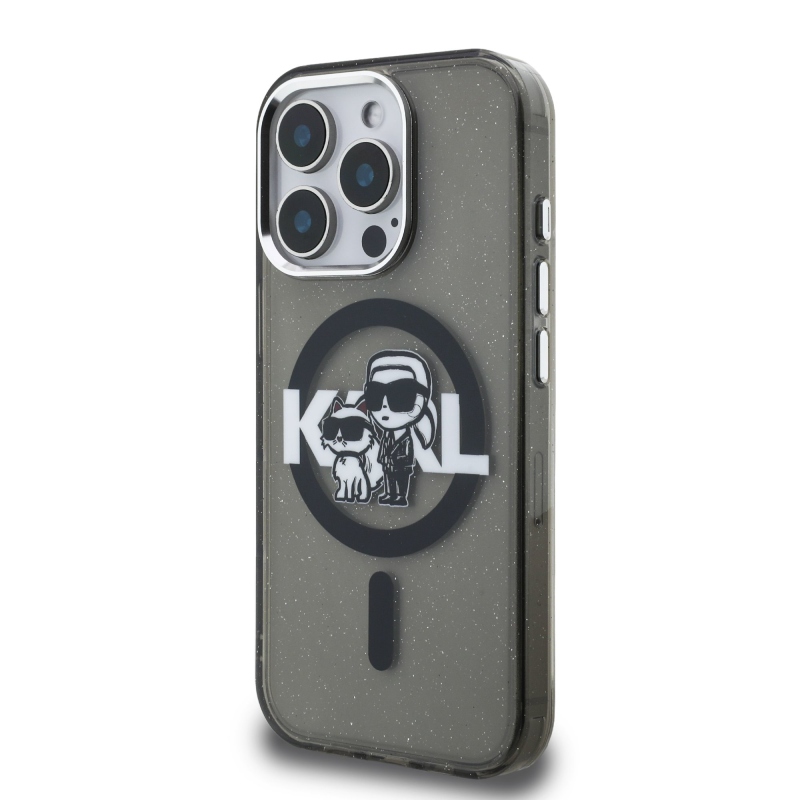 Karl Lagerfeld IML Glitter Karl and Choupette Sketch MagSafe Zadný Kryt pre iPhone 15 Pro Black