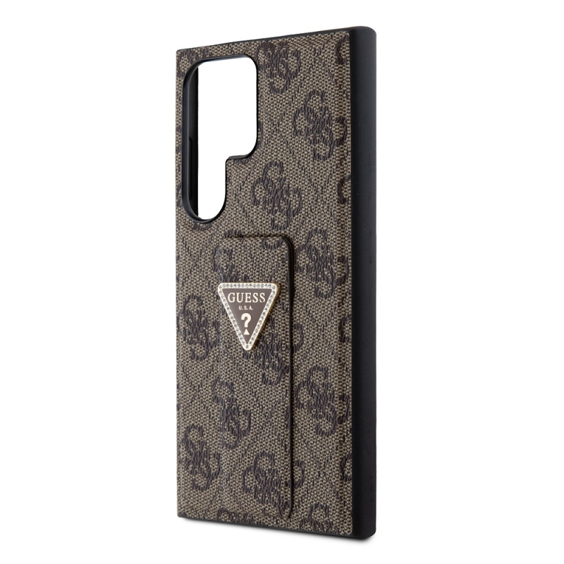 Guess PU Grip Stand 4G Strass Triangle Metal Logo Zadný kryt pre Samsung Galaxy S24 Ultra Brown