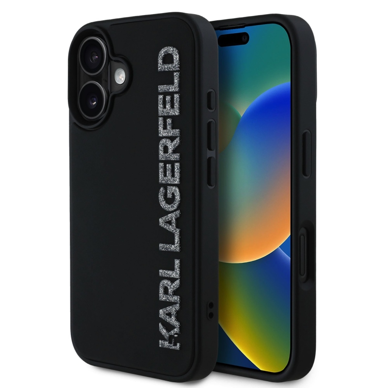 Karl Lagerfeld 3D Rubber Glitter Logo Zadný Kryt pre iPhone 16 Black