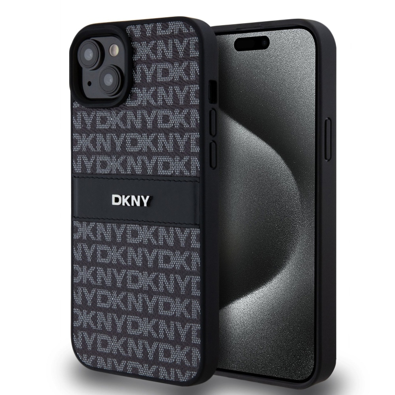 DKNY PU Leather Repeat Pattern Tonal Stripe Zadný Kryt pre iPhone 15 Plus Black