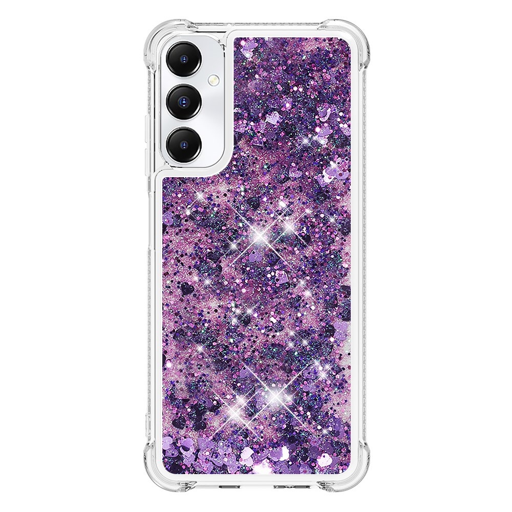 Glitter gélový presýpací obal na Samsung Galaxy A05s - tmavofialový/srdiečka