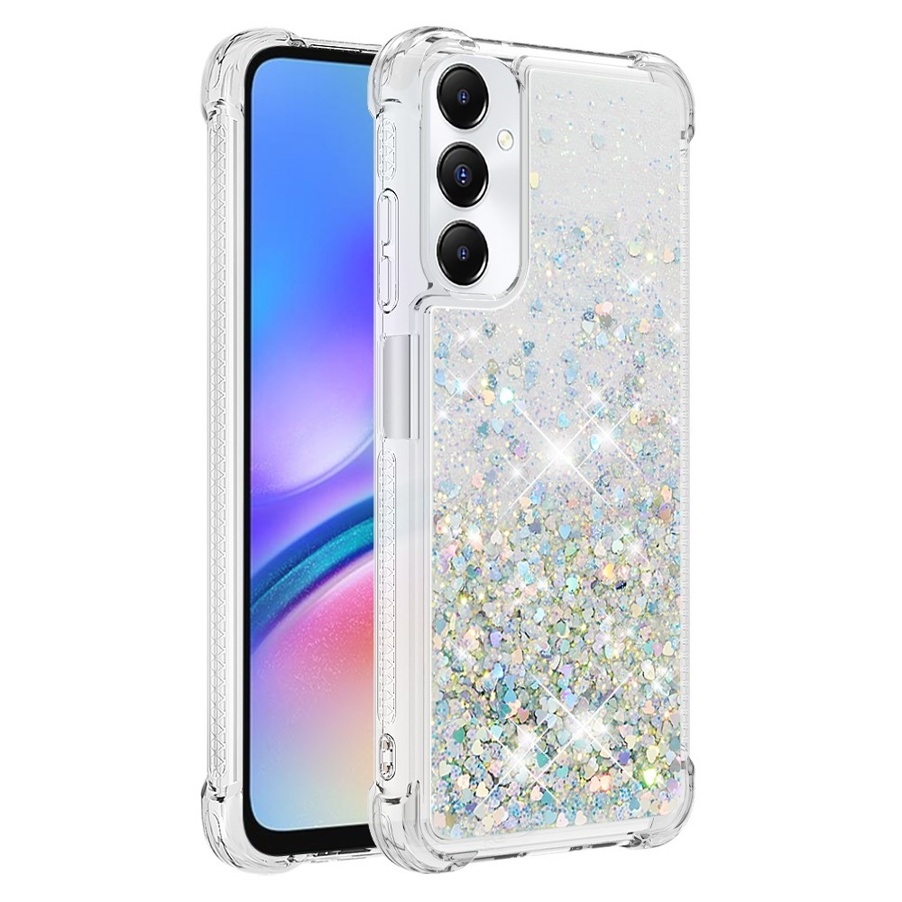 Glitter gélový presýpací obal na Samsung Galaxy A05s - strieborný/srdiečka