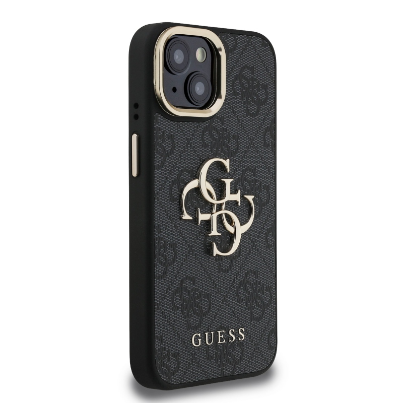 Guess PU 4G Metal Logo Stand Camera Frame Zadný Kryt pre iPhone 15 Black