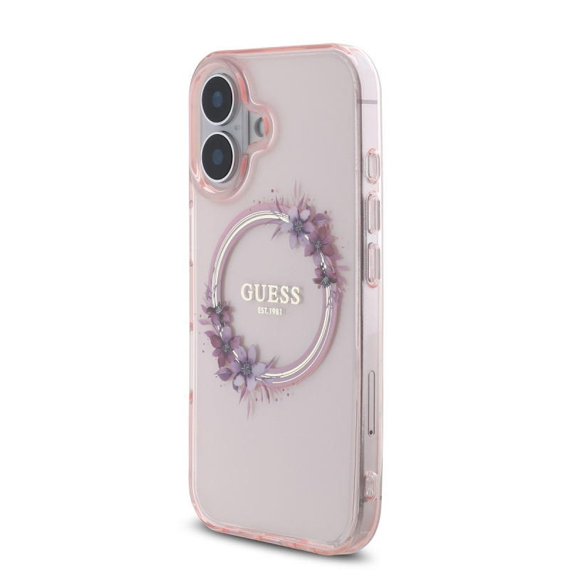 Guess IML Flowers Ring MagSafe Zadný Kryt pre iPhone 16 Pink