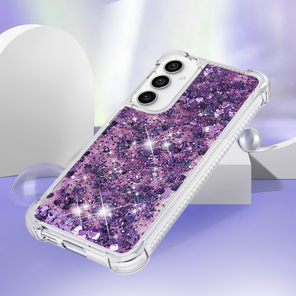 Glitter gélový presýpací obal na Samsung Galaxy S23 FE - tmavofialový/srdiečka