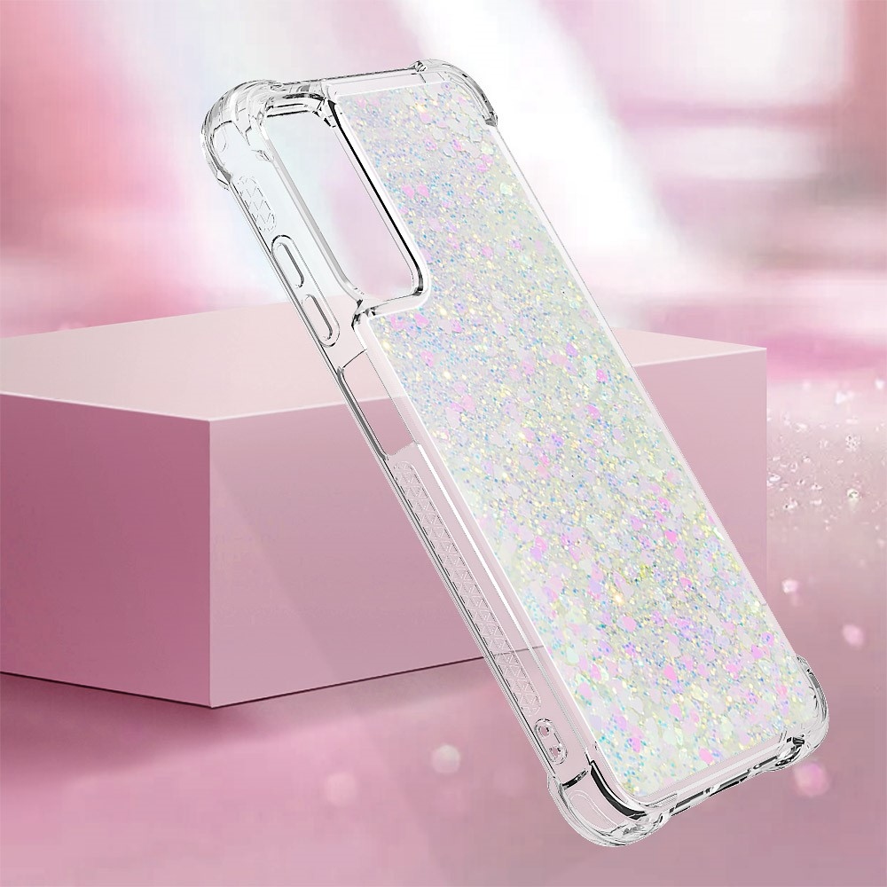 Glitter gélový presýpací obal na Samsung Galaxy A05s - ružovo strieborný/srdiečka