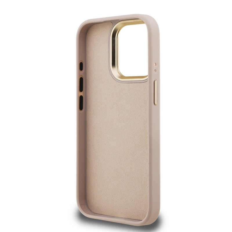 Guess PU 4G Metal Logo Stand Camera Frame Zadný Kryt pre iPhone 15 Pro Max Pink