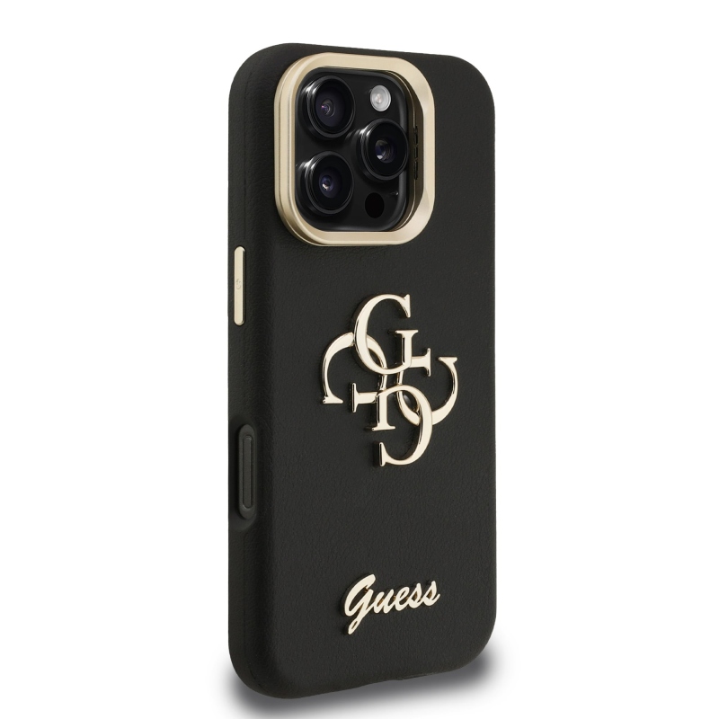 Guess PU Grained 4G Logo Stand Camera Frame Zadný Kryt pre iPhone 16 Pro Max Black