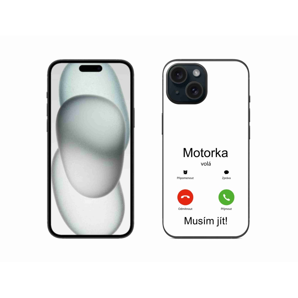 Gélový kryt mmCase na iPhone 15 - motorka volá biele pozadie