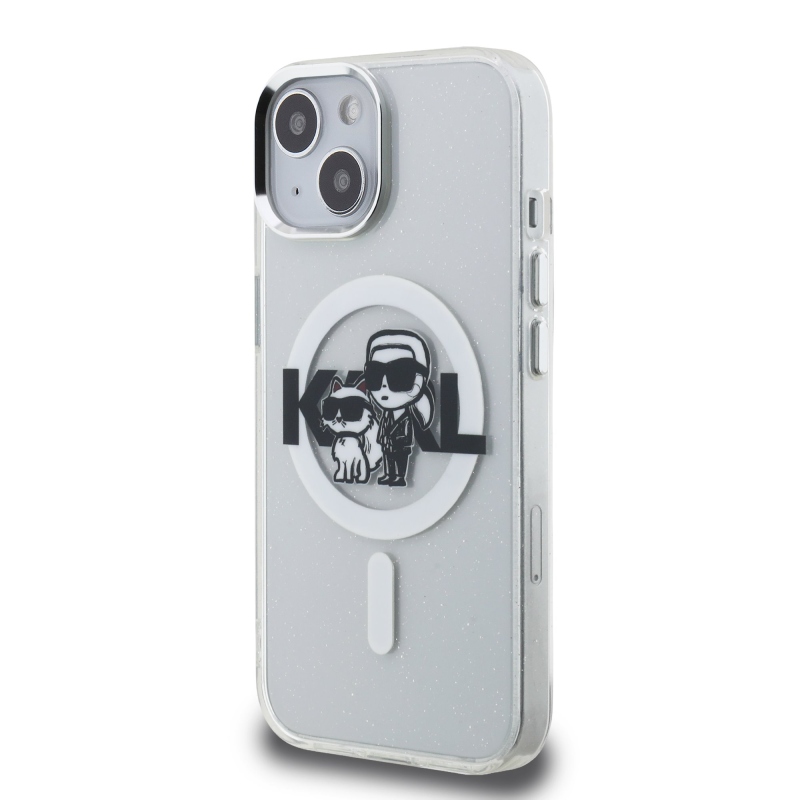 Karl Lagerfeld IML Glitter Karl and Choupette Sketch MagSafe Zadný Kryt pre iPhone 15 Transparent