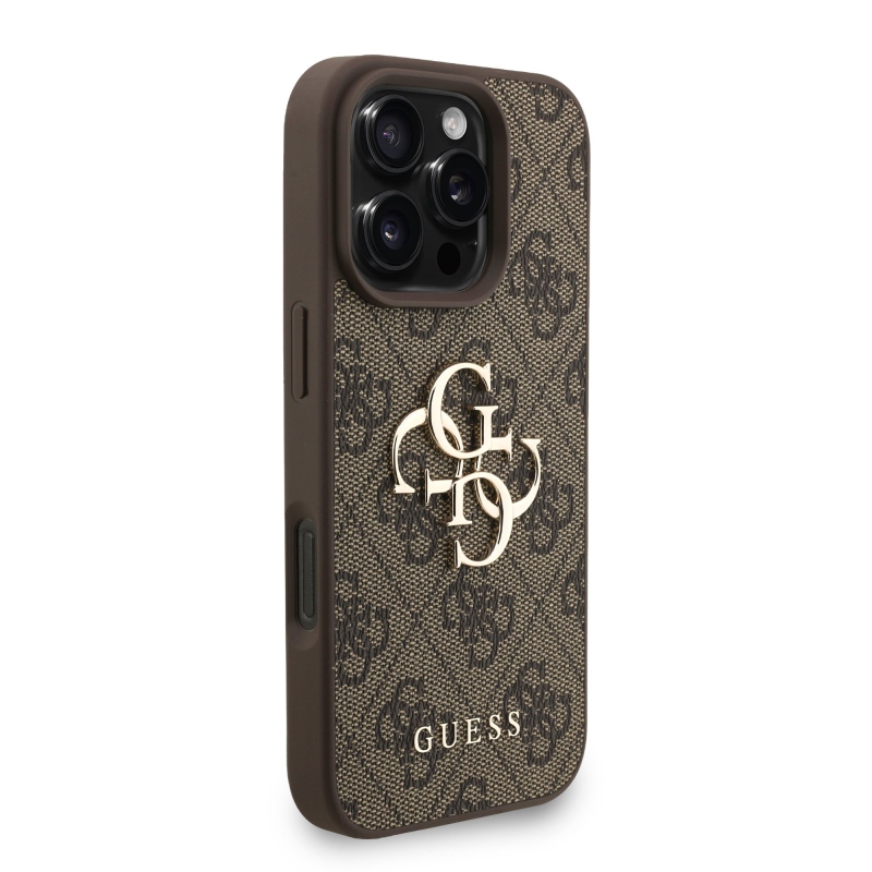 Guess PU 4G Metal Logo Strap Zadný Kryt pre iPhone 16 Pro Brown