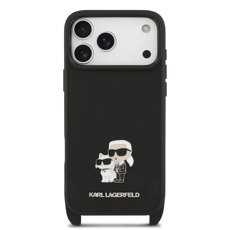 Karl Lagerfeld Saffiano Crossbody Strap Metal Karl and Choupette Zadný kryt pre iPhone 17 Pro Max Black