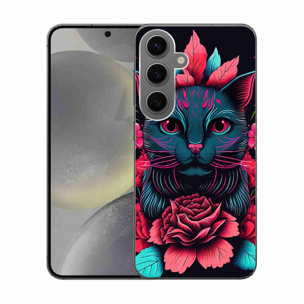 Gélový kryt mmCase na Samsung Galaxy S24 - kvety a mačka