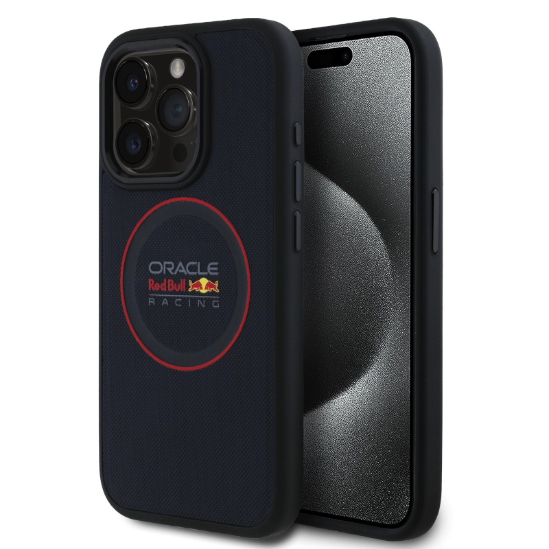 Red Bull PU kožený zadný kryt Red Ring MagSafe pre iPhone 15 Pro Max Navy