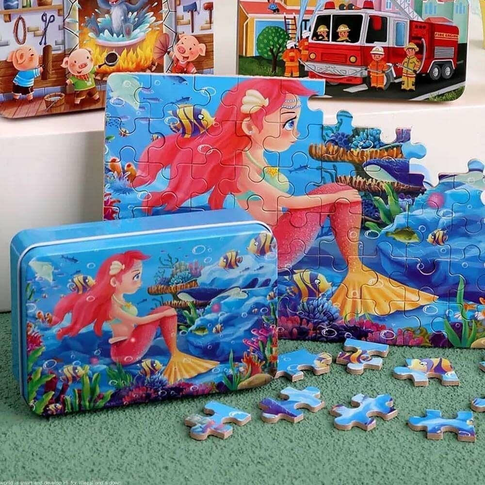 Drevené puzzle v kovovej krabičke 60 dielikov - morská panna