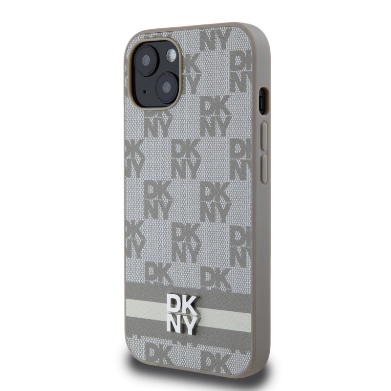 DKNY PU Leather Checkered Pattern and Stripe Zadný Kryt pre iPhone 13 Beige