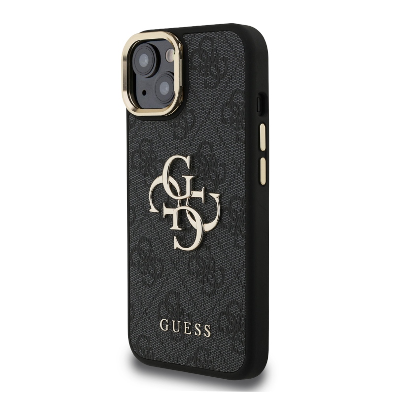 Guess PU 4G Metal Logo Stand Camera Frame Zadný Kryt pre iPhone 15 Black