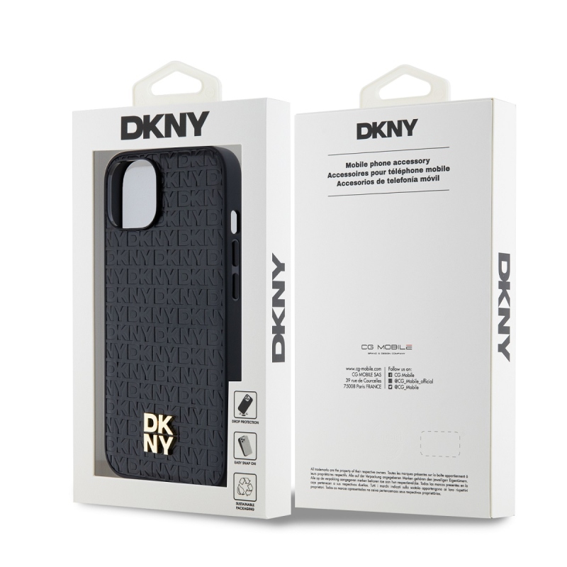 DKNY PU Leather Repeat Pattern Stack Logo Magsafe Zadný Kryt pre iPhone 14 Black