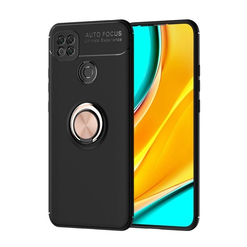 Ring odolný gélový obal s krúžkom na prst pre mobil Xiaomi Redmi 9C - čierny / ružovozlatá