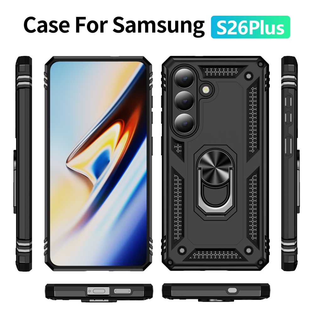 Ring odolný hybridný kryt s úchytom na prst na Samsung Galaxy S26+ - čierny