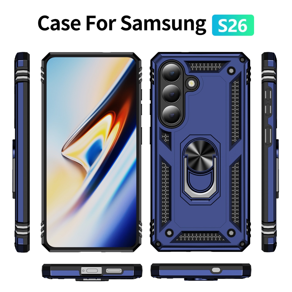 Ring odolný hybridný kryt s úchytom na prst na Samsung Galaxy S26 - modrý