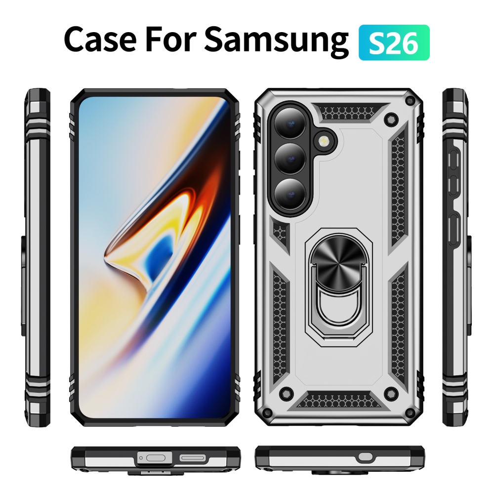 Ring odolný hybridný kryt s úchytom na prst na Samsung Galaxy S26 - strieborný